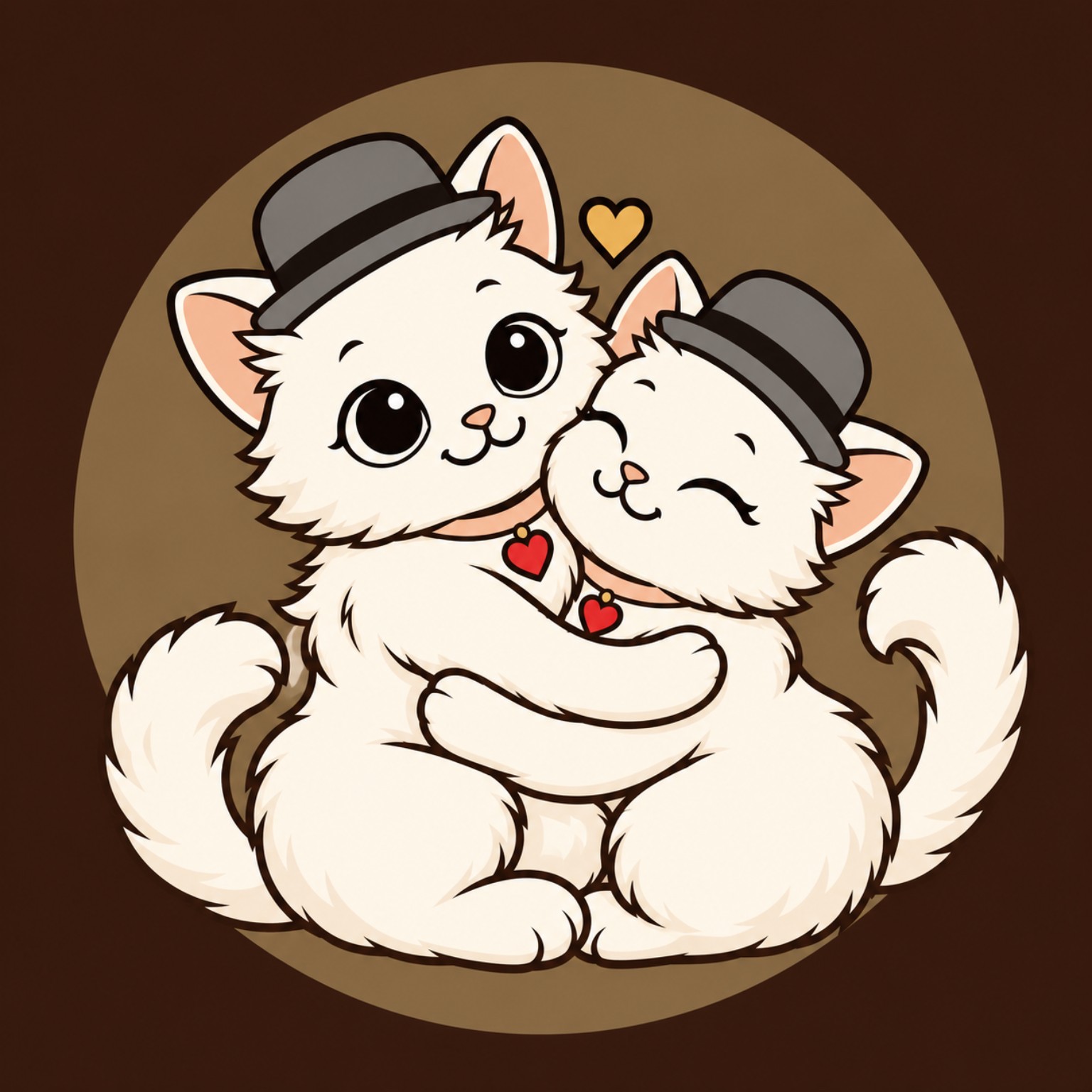 Two white Kind Cat mascots in bowler hats sharing a hug